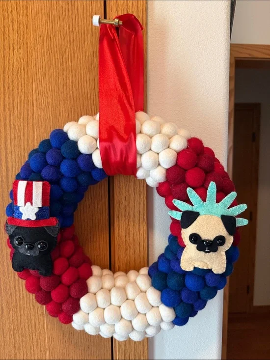 Handmade Patriotic Red White & Blue Pug Holiday Wreath