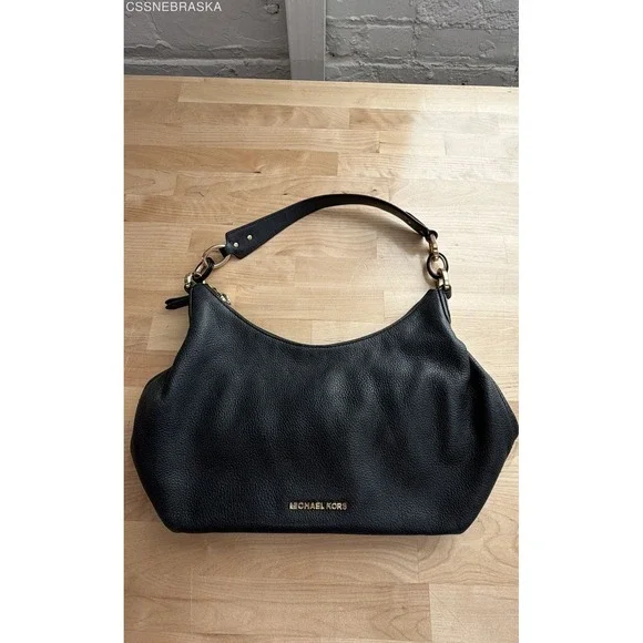 Michael Kors Black Pebbled Leather Hobo Shoulder Bag Gold Tone Ring Hardware