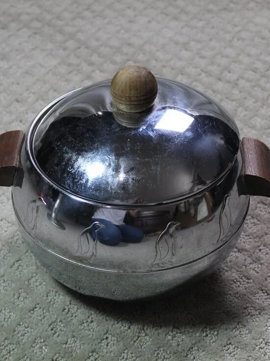 Vintage MCM West Bend Penguin Hot And Cold Server Chrome With Wood Handles