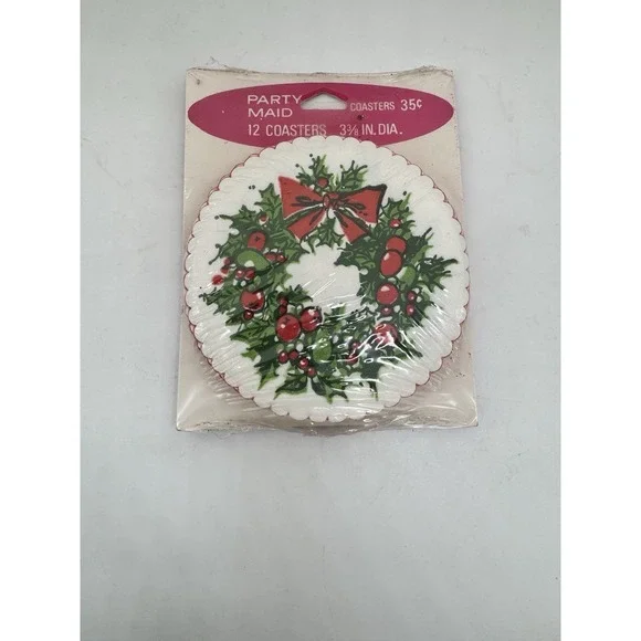 Vintage Pack of Party Maid  Christmas Wreath Holiday Paper Coasters Made In US