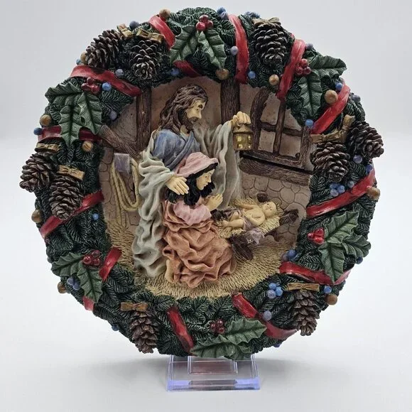 Vintage Nativity Scene Jesus in Manger Wall Hanging Wreath Christmas Door Decor