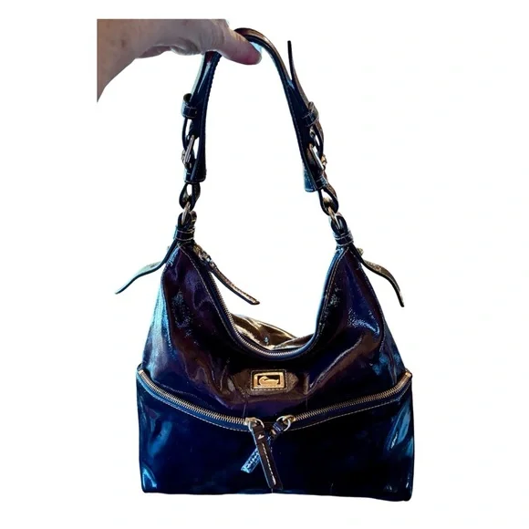 Dooney & Bourke Black Patent Leather Hobo Shoulder Bag w/Matching Wallet Y2K