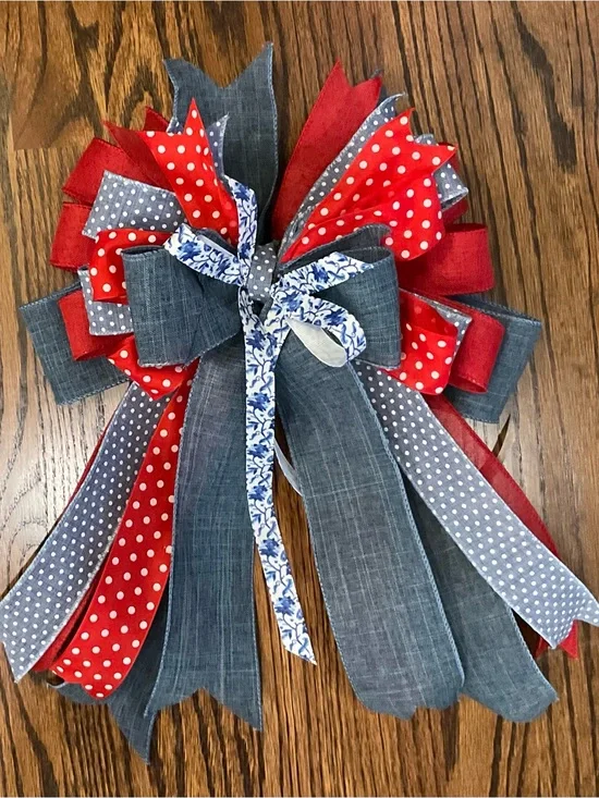 Patriotic Red and Gray Ribbon Wreath Bow - Unbranded