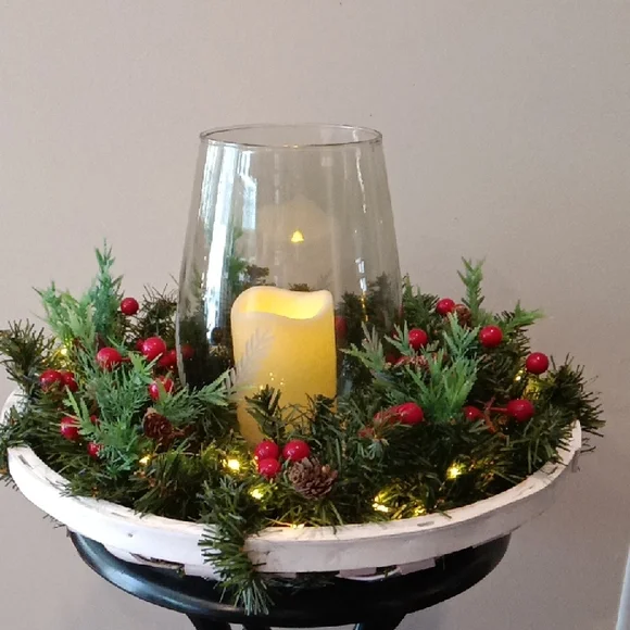 Festive Holiday Candle Centerpiece with Greenery and Red Accents