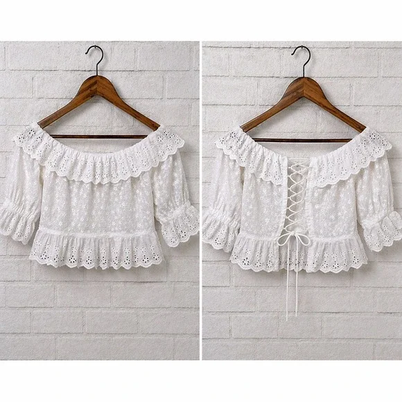 Zara‎ White Eyelet Milkmaid Peplum Crop Top XS Coquette Festival Coastal Cottage