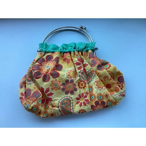 VTG Handmade Purse w/ Silver Metal Circular Handle Vibrant Colors! Boho