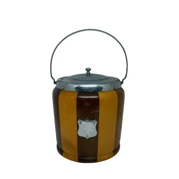 Mid‑20th Century English Striped Oak Biscuit Barrel Cream Glaze Interior