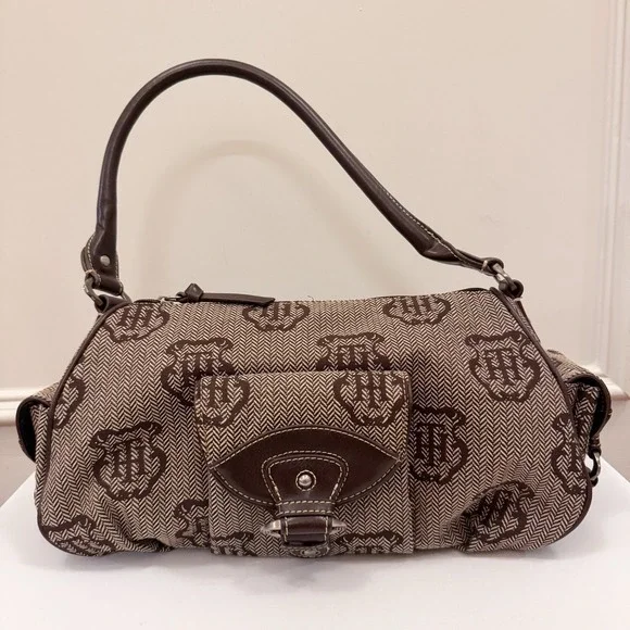 Vtg Y2K Tommy Hilfiger Logo Brown Purse Shoulder Bag Fall Herringbone‎ EUC
