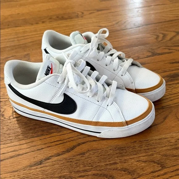 Nike Court Legacy White Low-Top Sneakers with Black Swoosh and Gold Accent