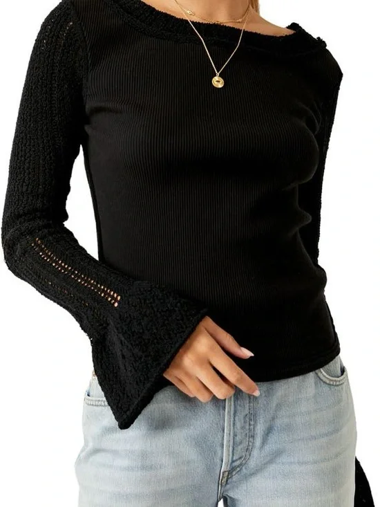 Free People Cuffing Season Rib Top M Black