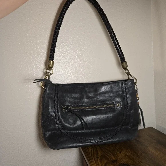 The Sak Indio Leather Hobo Shoulder Bag Womens‎ Medium Black Braided Boho Zip