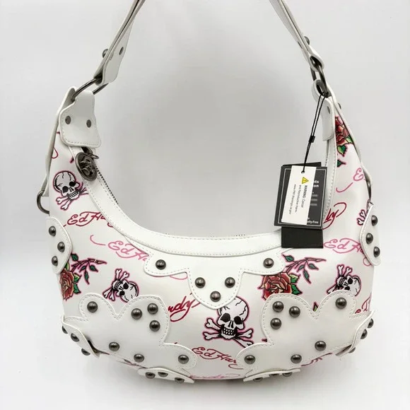 Ed Hardy White Skull‎ Rose Tattoo Hobo Shoulder Bag Purse