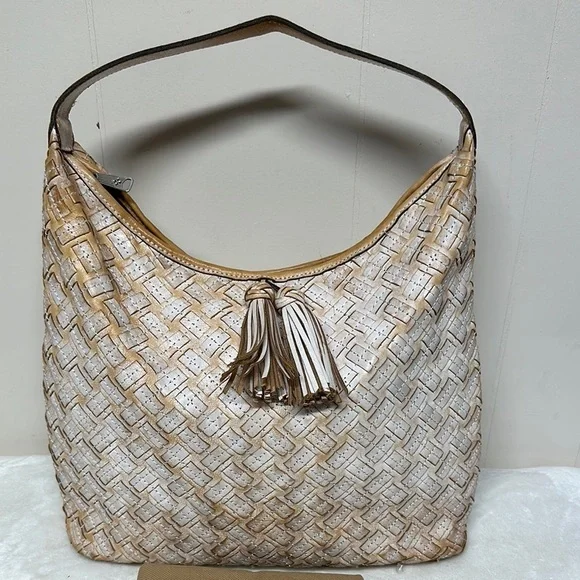 PATRICIA NASH White & Brown BRAIDED STITCH Leather MARCELLINA Hobo Bag