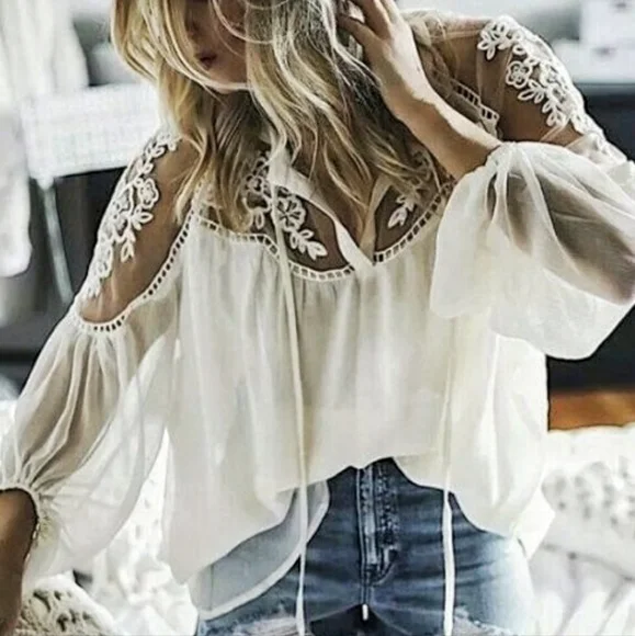 NEW Boho Embroidered Sheer Bishop Sleeve Gypsy Top Off White