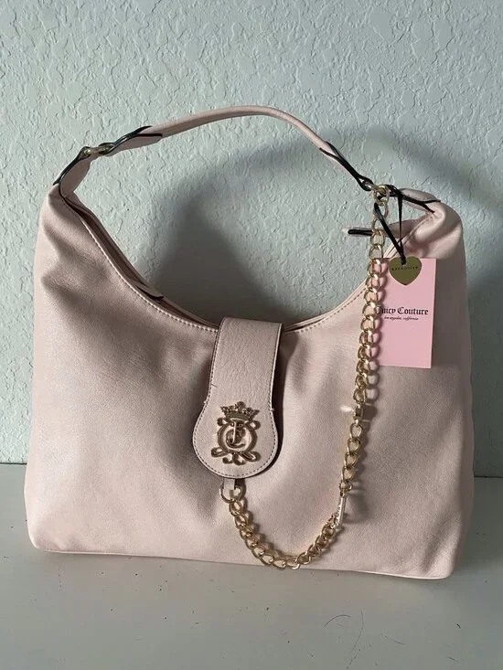 Juicy Couture Juicy Royal Crest Hobo Shoulder Bag Pink Clay W/Chain J Charm NEW