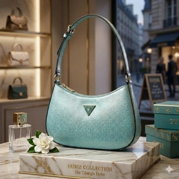 Guess Turquoise Mini Hobo Shoulder Bag – Textured Patent Look