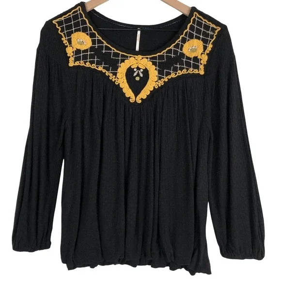 FREE PEOPLE Embroidered Top Sz S Black Gold Balloon Hem Smocked Peasant Boho