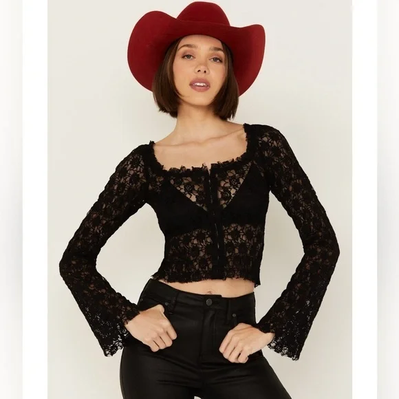 NWT Free People Madison Black Sheer Long Sleeve Top Size Small