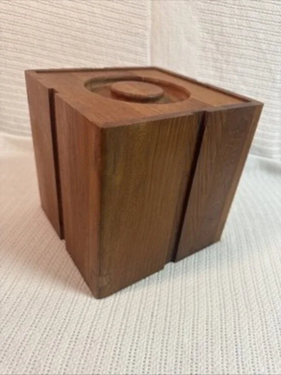 Vintage Selandia Designs Teakwood Cube/Box Bullseye Lid Ice Bucket MCM 8x8x8
