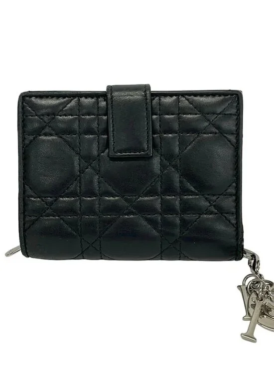 DIOR/ChristianDior Lady Dior Black Silver Leather Hardware Bifold Wallet