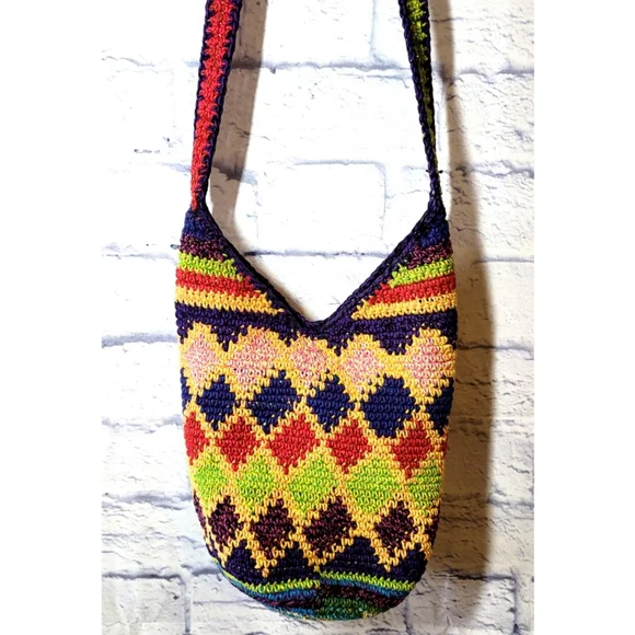 Crocheted Knit Bohemian Bucket Purse Art-to-Wear Boho Shoulder Hobo Bag Artsy