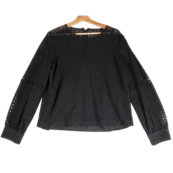 Banana Republic Black Lace Crochet Womens SIZE LARGE PETITE PL L/S Blouse Top