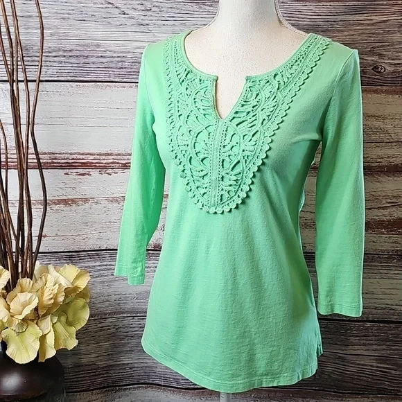 CHARTER CLUB SEA GREEN 3/4 SLEEVE APPLIQUE PULLOVER TOP