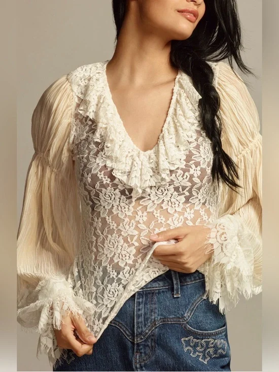 Anthropologie Wide-Sleeve Sheer Lace Top