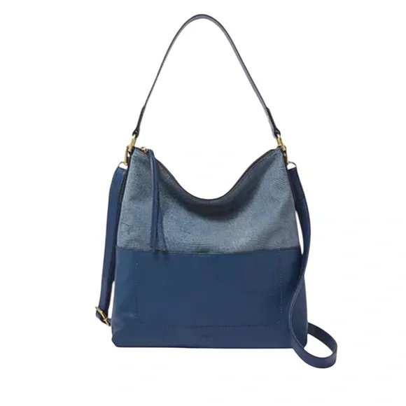 Fossil‎ Amelia Hobo Shoulder Bag Cow Hide Leather Twilight Blue Gold Hardware