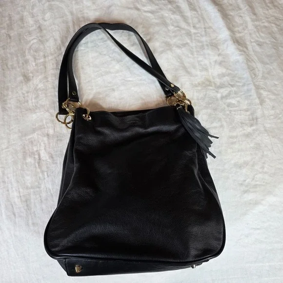 Boston Proper  Black Leather Shoulder Bag‎ Gold Chain Detail Tassel Hobo Purse