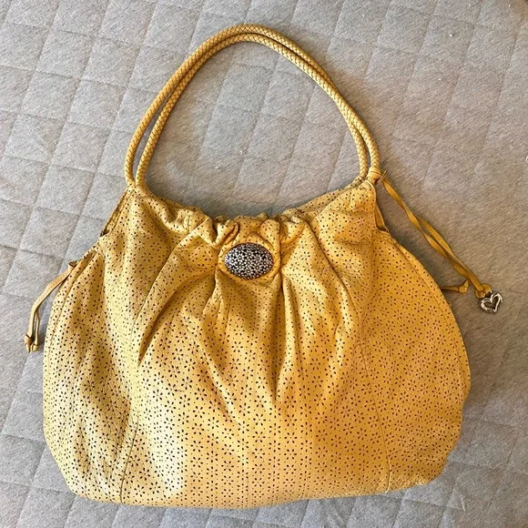 BRIGHTON Large Butter Yellow Leather Francie Daisy Cutout Hobo Boho Bag