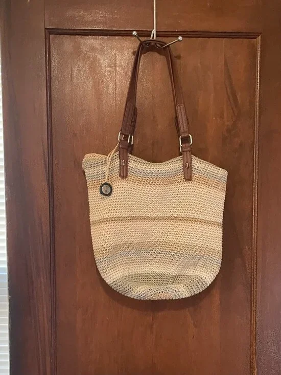 The Sak Crochet Tote Bag Neutral Striped Leather Strap Boho Shoulder Bag