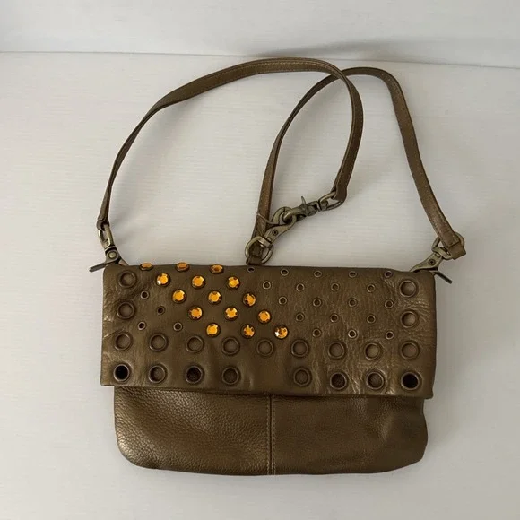 HOBO International Metallic Gold Womens Purse Crossbody Bling Leather Handbag