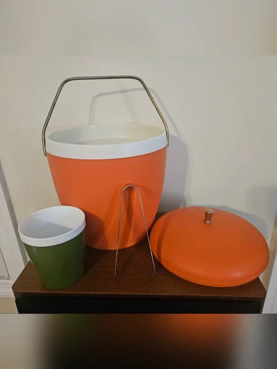 Vintage Retro Orange & White Ice Bucket With Green Cup & Tongs