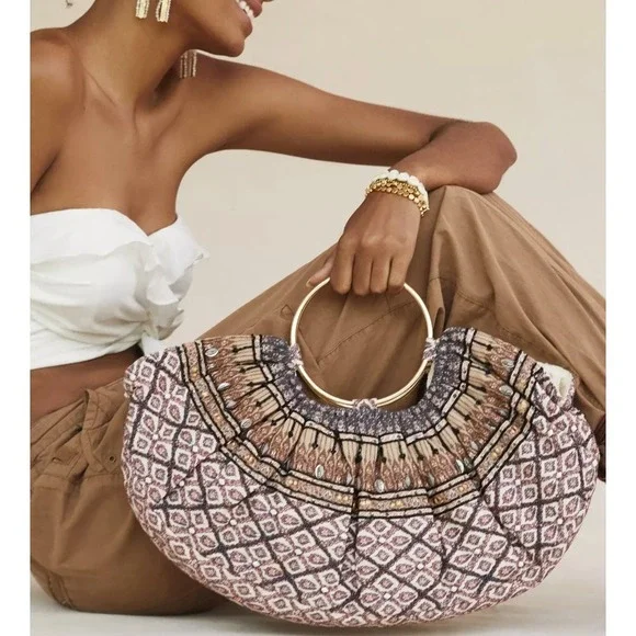 Anthropologie Bohemian Beaded Crescent Hobo Bag Gold Ring Handle Shoulder Bag‎