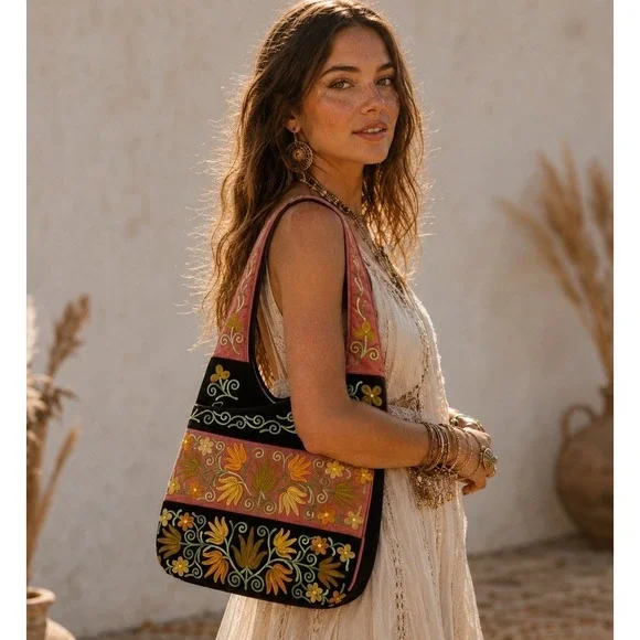 Embroidered Floral Boho Shoulder Bag Brown Pink Hobo Purse Festival Hippie