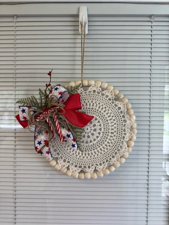 Handmade Patriotic Red & White Crochet Wood Bead Holiday Wreath