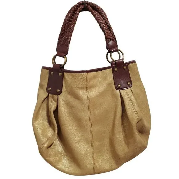 TANO‎ Shoulder Hobo Bag Womens gold Suede Leather Woven Handle Brown brass
