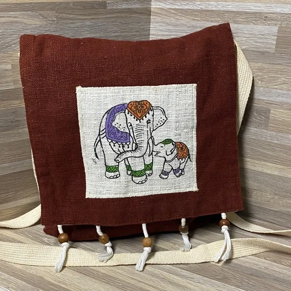 Elephant Embroidered Brown Crossbody Bag