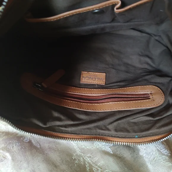 Vilenca Holland Braided Trim Leather Hobo Bag Brown Cognac