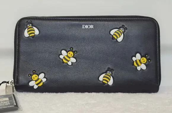 Dior Women’s Black/Yellow/White Bee Zip-Around Wallet, Logo, Card Slots w/COA