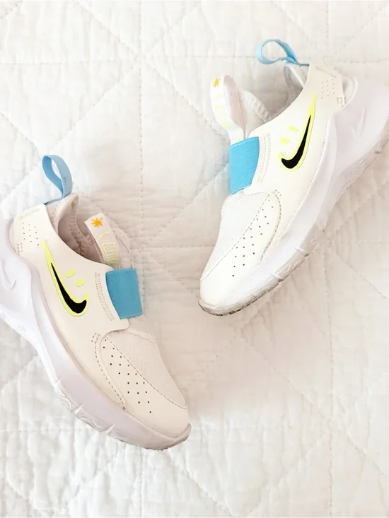Nike Kids' 9C White & Blue Slip-On Sneakers with Neon Accents