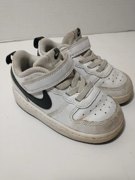 Nike White Sneakers with Black Swoosh, Toddler Size 7C, Loop And Hook Closure