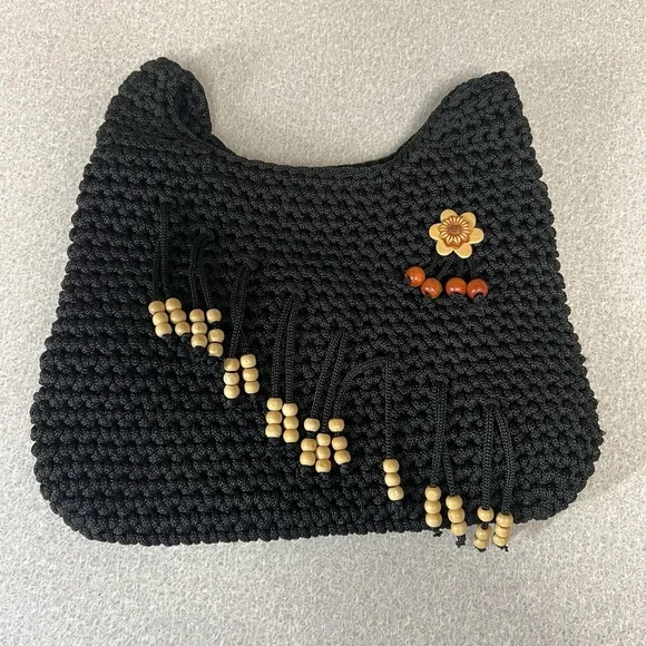 Black Crochet Knit Hobo Sack Beaded Handbag Flower Purse Zip‎ And Inside Pocket