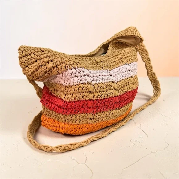 Woven Paper Straw Hobo Tote Bag‎ Boho Colorblock Crochet Beach Summer Purse