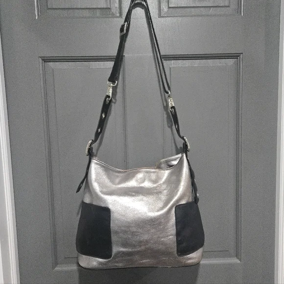 Silver and Black Leather Hobo Bag Purse