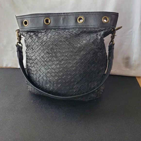 Elliott Lucca Black Leather Braided Bucket Tote Hobo Shoulder Bag Satchel Vtg