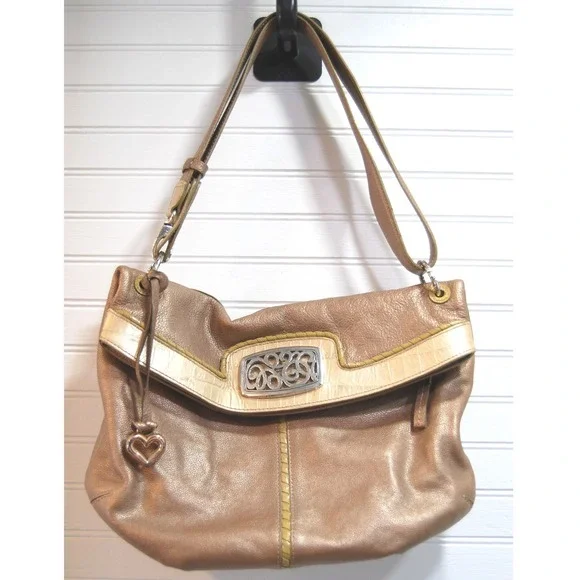 Vintage Brighton Hobo Purse Y2K Fold over Leather Shoulder bag Metallic Beige