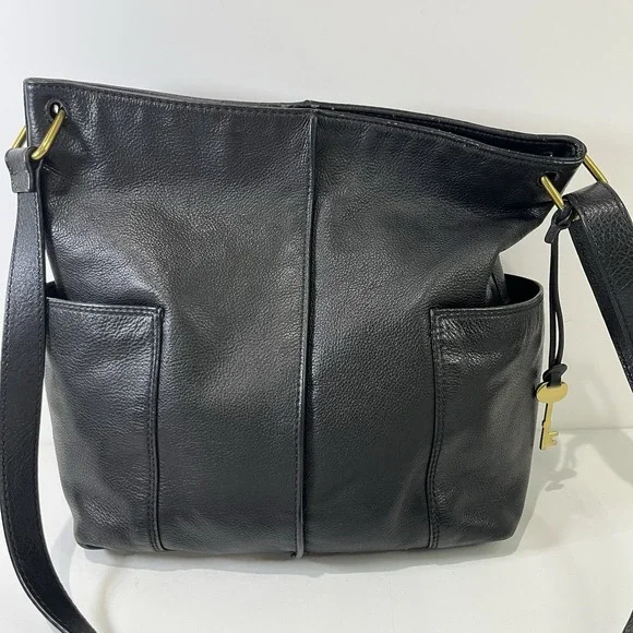 Fossil Lane North South Black Pebbled Leather‎ Hobo HandBag Purse Buttery Soft
