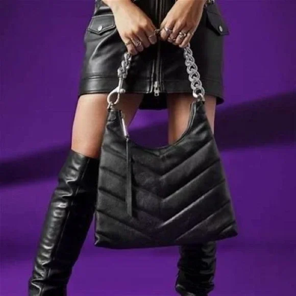 NWT$298 Rebecca Minkoff Edie Maxi Hobo Quilted Gothic Leather Shoulder Bag Black